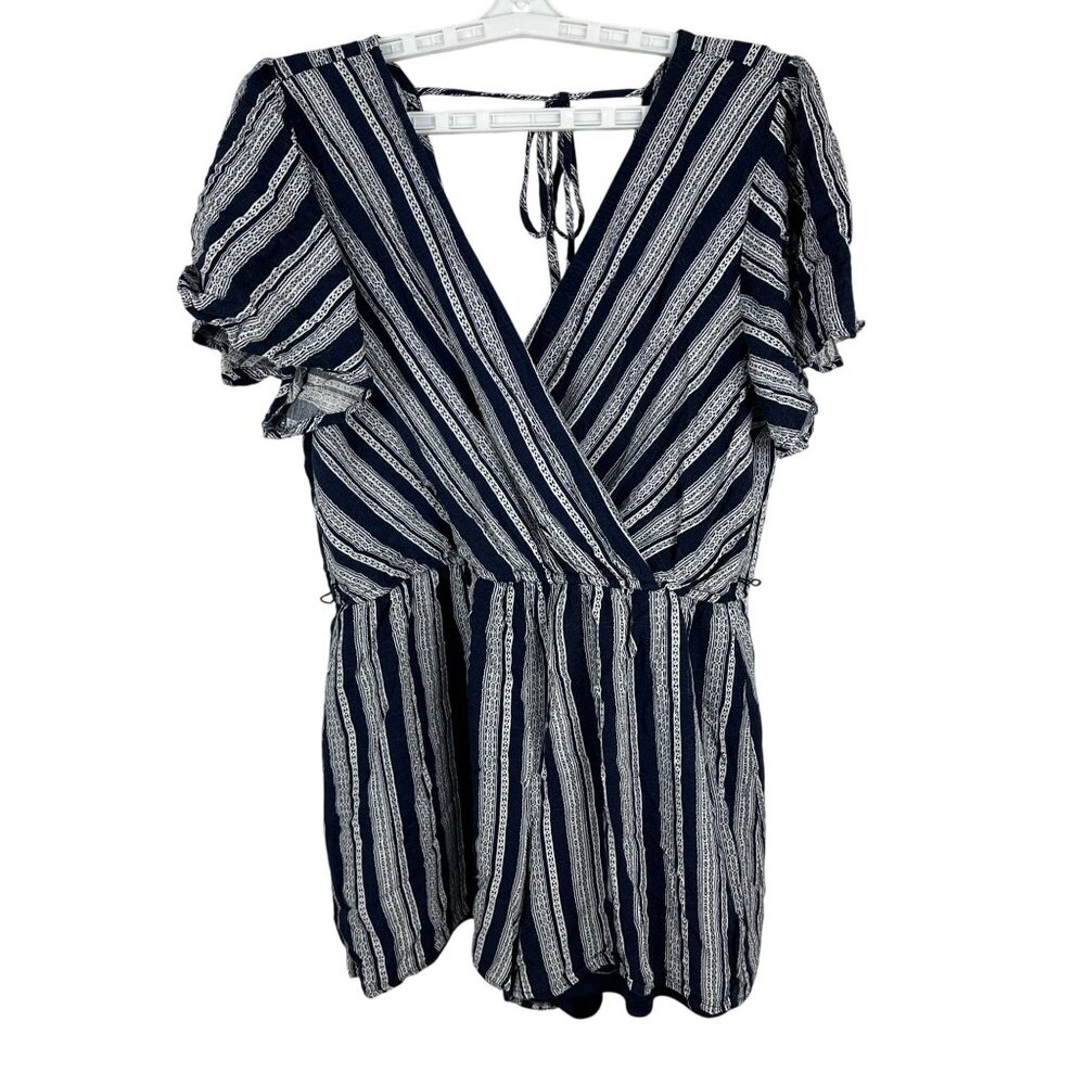 Three Pink Hearts Womens Striped Navy/White Surplice Romper Size L Casual